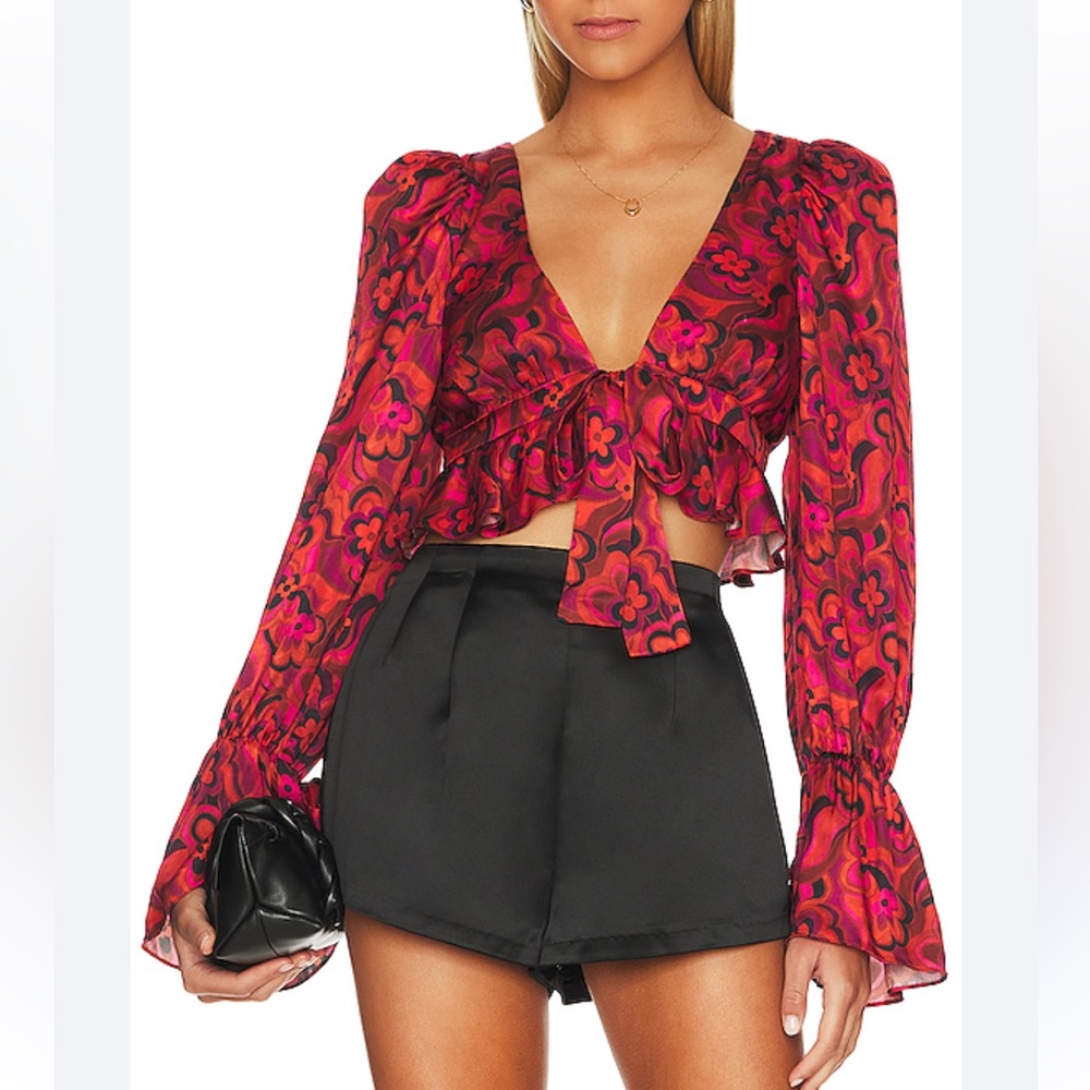 For Love And Lemons Davina Tie Front Blouse Size L Floral Ruffle Red Black Chic